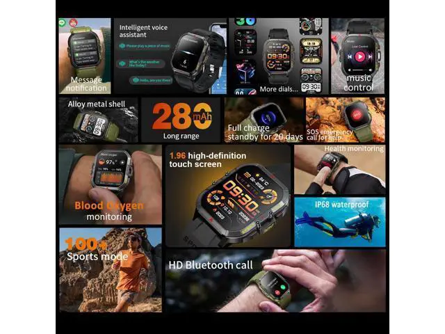 Alt view image 7 of 7 - Sport Smart Watch for Men Women Bluetooth Call (Answer/Dial Calls) One-Key Connection Blood Oxygen IP68 100+ Sport Modes Rugged Tactical Outdoor Smart Watches Fitness Tracker for IOS Android Phones