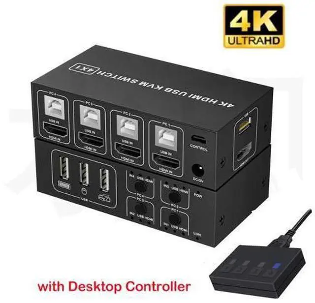 Main image of AUTYUE HDMI KVM Switch 4 in 1 Out 4K@60Hz, 4 Port HDMI KVM Switch for 4 Computers Share 1 Monitor Keyboard Mouse Hard Drives Printer, with 3 USB Ports, Included 4 USB-A Cables and Desktop Controller