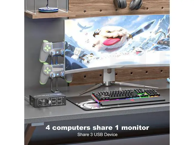 Alt view image 5 of 7 - AUTYUE HDMI KVM Switch 4 in 1 Out 4K@60Hz, 4 Port HDMI KVM Switch for 4 Computers Share 1 Monitor Keyboard Mouse Hard Drives Printer, with 3 USB Ports, Included 4 USB-A Cables and Desktop Controller
