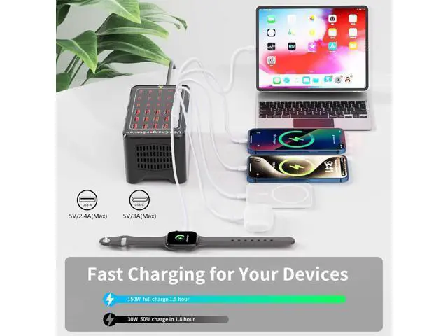 Alt view image 3 of 7 - AUTYUE 150W(30A) (15 USB A + 15 USB C) USB Charging Station, 30-Port USB C Charger Block, Multiple Desktop/Wall Fast Charger with Intelligent Protection Compatible with i-Phone, Tablets, Smartphones