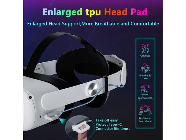 Alt view image 6 of 7 - VR Head Strap with Battery for Oculus Quest 2, 10000mAh Battery Pack Extend 8H Playtime, Fast Charging VR Power, Adjustable Elite Strap Replacement Accessories for Oculus/Meta Quest 2