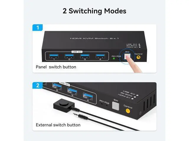 Alt view image 5 of 7 - 8K@60Hz USB 3.0 HDMI KVM Switch, 2 port 4K@120Hz HDMI KVM Switcher for 2 computers share 1 monitor and one set of Keyboard Mouse webcame and hard disk, wired controller and 12V/1A DC power included