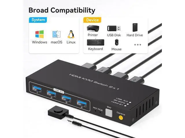 Alt view image 6 of 7 - 8K@60Hz USB 3.0 HDMI KVM Switch, 2 port 4K@120Hz HDMI KVM Switcher for 2 computers share 1 monitor and one set of Keyboard Mouse webcame and hard disk, wired controller and 12V/1A DC power included