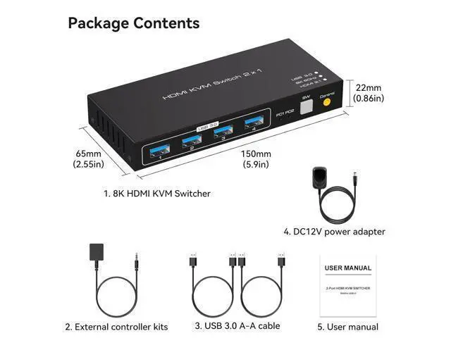 Alt view image 7 of 7 - 8K@60Hz USB 3.0 HDMI KVM Switch, 2 port 4K@120Hz HDMI KVM Switcher for 2 computers share 1 monitor and one set of Keyboard Mouse webcame and hard disk, wired controller and 12V/1A DC power included