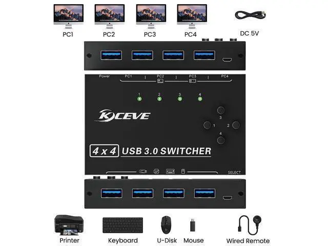 Alt view image 2 of 7 - USB Switch for 4 PC USB 3.0 Switcher 4 in 4 out, USB 3.0 KVM Switch for 4 PC Share 4 USB Devices Keyboard, Mouse, Printer, Scanner, U disk with Wired Remote and 4 USB 3.0 A to A Cables