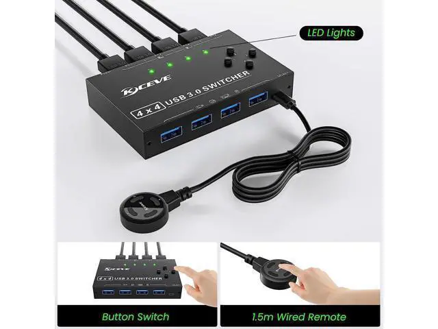Alt view image 4 of 7 - USB Switch for 4 PC USB 3.0 Switcher 4 in 4 out, USB 3.0 KVM Switch for 4 PC Share 4 USB Devices Keyboard, Mouse, Printer, Scanner, U disk with Wired Remote and 4 USB 3.0 A to A Cables
