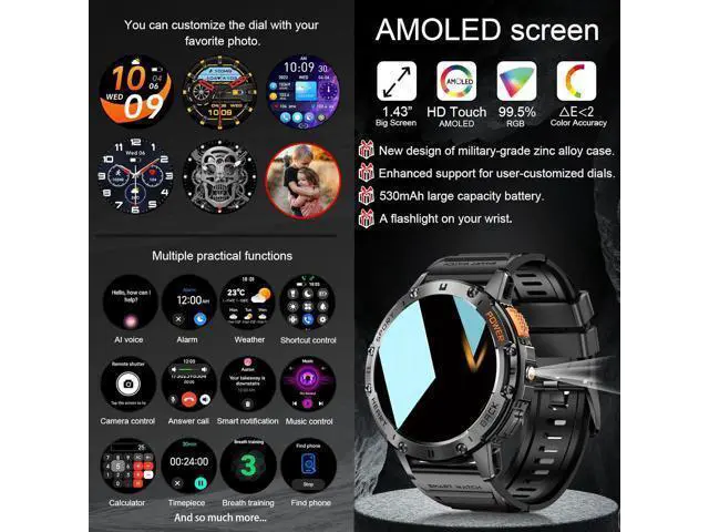 Alt view image 2 of 7 - AUTYUE Military Smart Watches for Men with Flashlight, 170+ Sport Modes 1.43" AMOLED Screen, 530mAh Answer/Make Calls, Heart Rate/SpO2/Sleep Monitor, Bluetooth Watch Compatible with IOS Android Phones