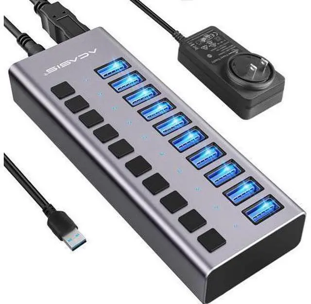 Main image of Powered USB Hub - 10 Ports 48W USB 3.0 Data Hub - with Individual On/Off Switches and 12V/4A Power Adapter USB Hub 3.0 Splitter for Laptop, PC, Computer, Mobile HDD, Flash Drive and More