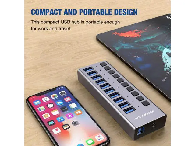 Alt view image 3 of 7 - Powered USB Hub - 10 Ports 48W USB 3.0 Data Hub - with Individual On/Off Switches and 12V/4A Power Adapter USB Hub 3.0 Splitter for Laptop, PC, Computer, Mobile HDD, Flash Drive and More
