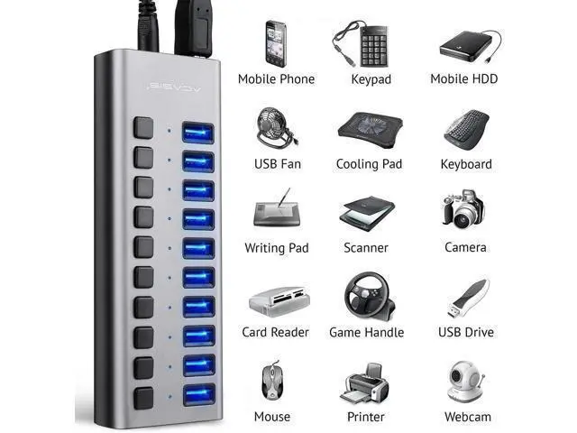 Alt view image 6 of 7 - Powered USB Hub - 10 Ports 48W USB 3.0 Data Hub - with Individual On/Off Switches and 12V/4A Power Adapter USB Hub 3.0 Splitter for Laptop, PC, Computer, Mobile HDD, Flash Drive and More