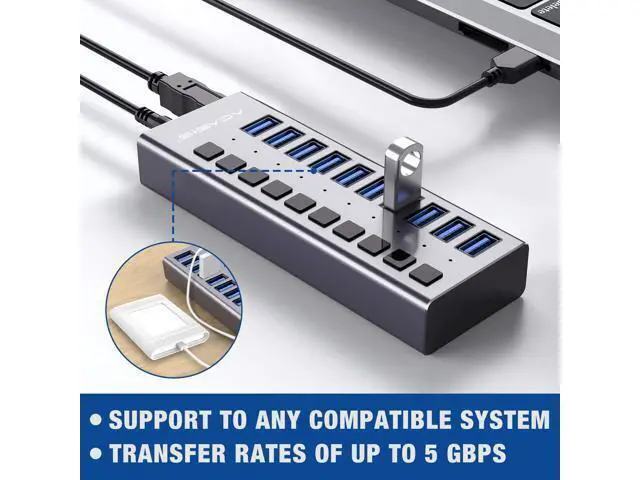 Alt view image 5 of 7 - Powered USB Hub - 10 Ports 48W USB 3.0 Data Hub - with Individual On/Off Switches and 12V/4A Power Adapter USB Hub 3.0 Splitter for Laptop, PC, Computer, Mobile HDD, Flash Drive and More