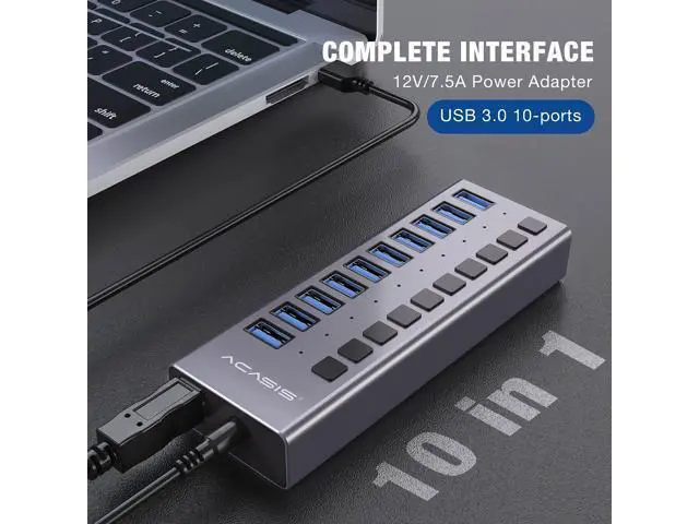Alt view image 7 of 7 - Powered USB Hub - 10 Ports 48W USB 3.0 Data Hub - with Individual On/Off Switches and 12V/4A Power Adapter USB Hub 3.0 Splitter for Laptop, PC, Computer, Mobile HDD, Flash Drive and More
