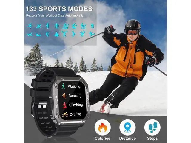 Alt view image 6 of 7 - Military Smart Watch, 1.95''HD Waterproof Smart Watches for Men with Bluetooth Call (Answer/Dial Calls), 133 Sports Modes Rugged Outdoor Tactical Fitness Tracker Smart Watch for iPhone Android