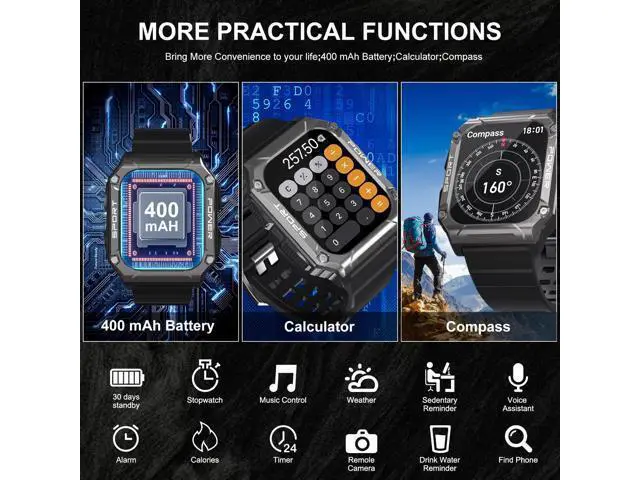 Alt view image 7 of 7 - Military Smart Watch, 1.95''HD Waterproof Smart Watches for Men with Bluetooth Call (Answer/Dial Calls), 133 Sports Modes Rugged Outdoor Tactical Fitness Tracker Smart Watch for iPhone Android