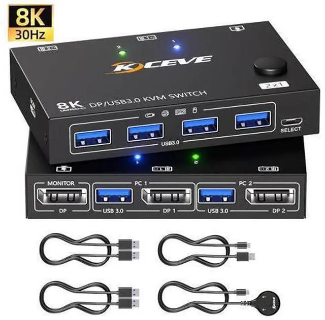 Main image of AUTYUE KVM Switch Displayport 2 Port 8K@30Hz, 2 in 1 Out Displayport KVM Switches for 2 Computers Share 1 Monitor and 4 USB 3.0 Ports, Wired Remote and 2 USB Cables Included