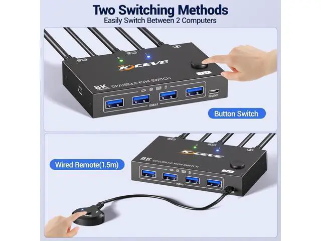 Alt view image 3 of 7 - AUTYUE KVM Switch Displayport 2 Port 8K@30Hz, 2 in 1 Out Displayport KVM Switches for 2 Computers Share 1 Monitor and 4 USB 3.0 Ports, Wired Remote and 2 USB Cables Included