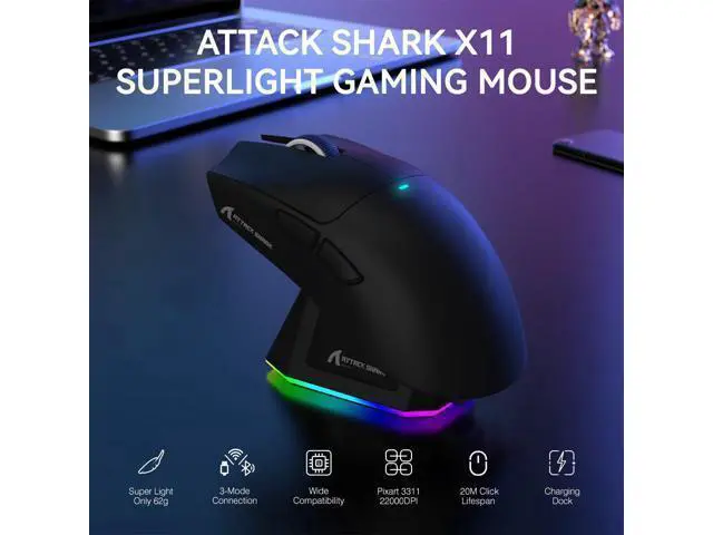 Alt view image 2 of 7 - AUTYUE X11 Lightweight Wireless Gaming Mouse with RGB Charging Dock, Tri-Mode-2.4G/USB-C Wired/BT, 22K DPI, PAW3311 Optical Sensor, HUYU Switch, 5 programmable Buttons Gaming Mice for PC/Mac (Black)