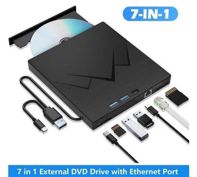 Main image of AUTYUE 7 in 1 External CD/DVD Drive For Laptop With LAN PORT, Portable DVD Player For Laptop with Ethernet Adapter USB & SD/TF Ports, USB 3.0/Type C External CD DVD Drive For PC Windows Linux MacOS