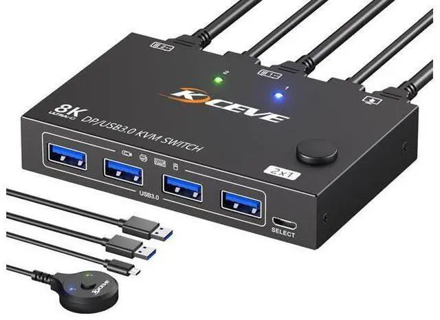 Main image of AUTYUE 2 Port Displayport KVM Switch 1 Monitors 2 Computers 8K@30Hz 4K@144Hz, USB3.0 DP KVM Switches for 2 Computers Sharing Single Monitor and Keyboard Mouse Printer, with Wired Remote & 2 USB Cables