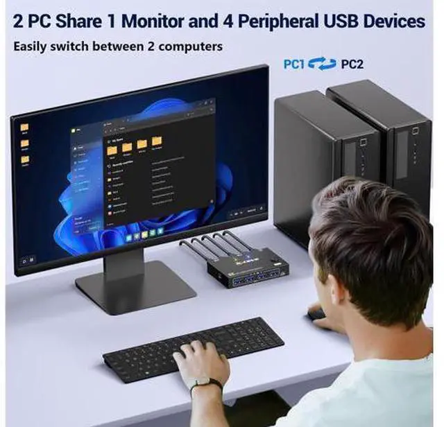 Alt view image 2 of 7 - AUTYUE 2 Port Displayport KVM Switch 1 Monitors 2 Computers 8K@30Hz 4K@144Hz, USB3.0 DP KVM Switches for 2 Computers Sharing Single Monitor and Keyboard Mouse Printer, with Wired Remote & 2 USB Cables