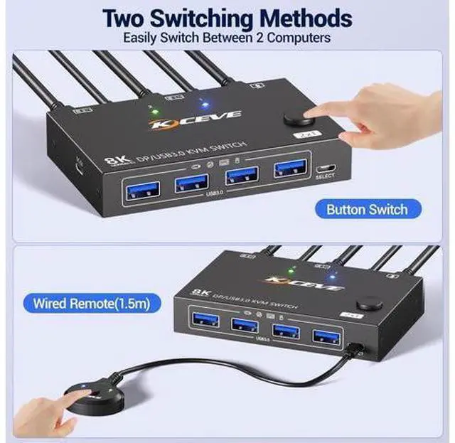 Alt view image 4 of 7 - AUTYUE 2 Port Displayport KVM Switch 1 Monitors 2 Computers 8K@30Hz 4K@144Hz, USB3.0 DP KVM Switches for 2 Computers Sharing Single Monitor and Keyboard Mouse Printer, with Wired Remote & 2 USB Cables