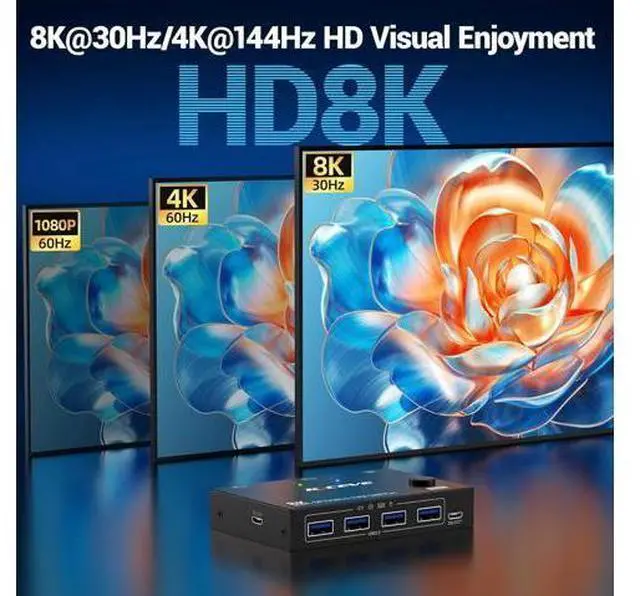 Alt view image 5 of 7 - AUTYUE 2 Port Displayport KVM Switch 1 Monitors 2 Computers 8K@30Hz 4K@144Hz, USB3.0 DP KVM Switches for 2 Computers Sharing Single Monitor and Keyboard Mouse Printer, with Wired Remote & 2 USB Cables