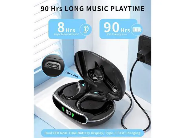 Alt view image 3 of 7 - AUTYUE Active Noise Cancelling Ear Buds Wireless Earbuds, 90H Playtime, Bluetooth Headphones Stereo Bass Over-Ear Hooks Earphones with Power Display Case, IPX7 Waterproof Headset for Workout/Running