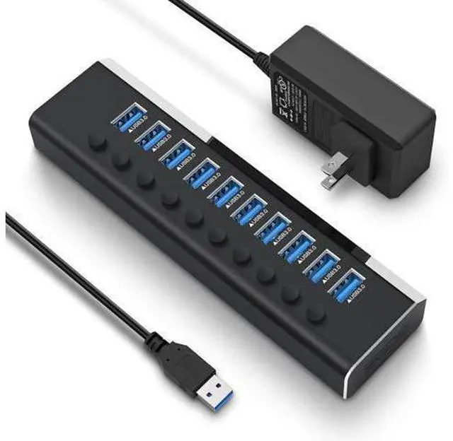 Main image of AUTYUE Powered USB Hub, Aluminum 10 Ports USB 3.0 Data Hub with 36W (12V/3A) Power Adapter and Individual On/Off Switches USB Splitter, Powered Hub USB 3.0
