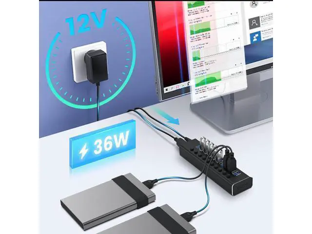 Alt view image 2 of 7 - AUTYUE Powered USB Hub, Aluminum 10 Ports USB 3.0 Data Hub with 36W (12V/3A) Power Adapter and Individual On/Off Switches USB Splitter, Powered Hub USB 3.0