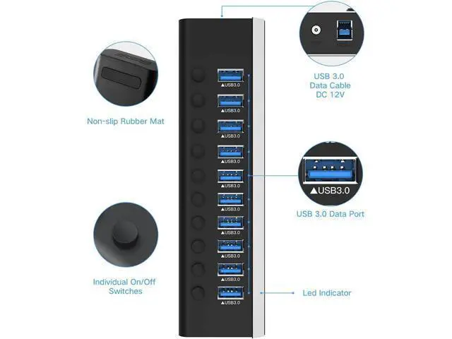 Alt view image 7 of 7 - AUTYUE Powered USB Hub, Aluminum 10 Ports USB 3.0 Data Hub with 36W (12V/3A) Power Adapter and Individual On/Off Switches USB Splitter, Powered Hub USB 3.0