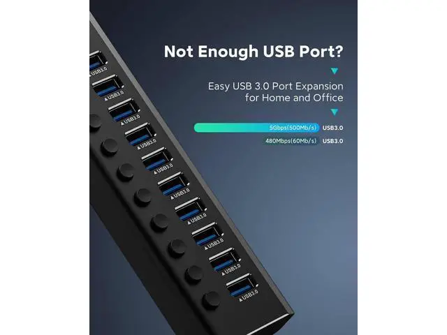 Alt view image 6 of 7 - AUTYUE Powered USB Hub, Aluminum 10 Ports USB 3.0 Data Hub with 36W (12V/3A) Power Adapter and Individual On/Off Switches USB Splitter, Powered Hub USB 3.0