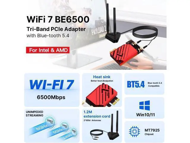 Alt view image 3 of 7 - AUTYUE BE6500 WiFi 7 PCIe Network Card for Desktop PC,Tri-Band 2.4G/5G/6GHz Wireless Adapter with Bluetooth 5.4, 802.11be, MLO Low Latency,WPA3,Supports Windows 11/10 64-Bit for In-tel & AMD,Gaming,VR