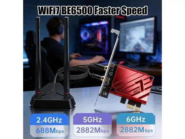 Alt view image 2 of 7 - AUTYUE BE6500 WiFi 7 PCIe Network Card for Desktop PC,Tri-Band 2.4G/5G/6GHz Wireless Adapter with Bluetooth 5.4, 802.11be, MLO Low Latency,WPA3,Supports Windows 11/10 64-Bit for In-tel & AMD,Gaming,VR