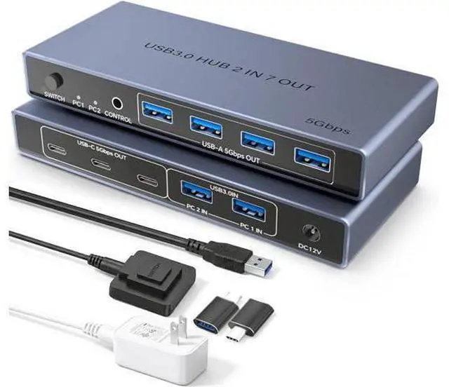 Main image of AUTYUE USB 3.0 Switch 2 in 7 Out, USB Switcher for 2 Computers Share 4 USB-A + 3 USB-C Devices - 5Gbps USB Switch Hub for Laptop Keyboard Mouse Printer with Controller, USB C Adapter, Power Adapter
