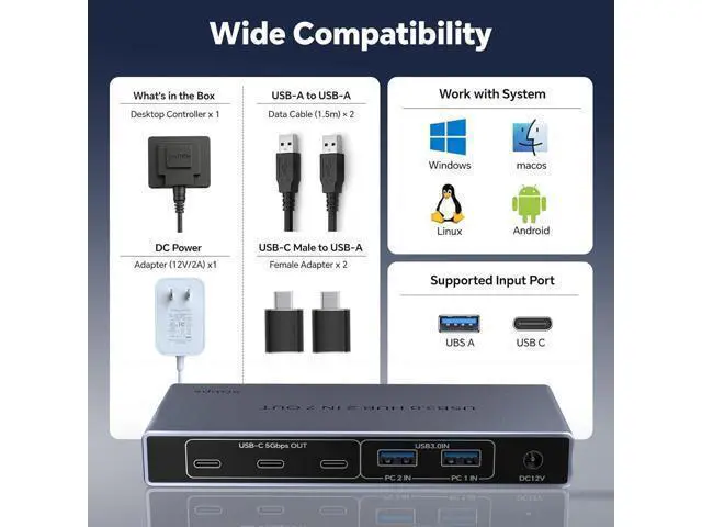 Alt view image 7 of 7 - AUTYUE USB 3.0 Switch 2 in 7 Out, USB Switcher for 2 Computers Share 4 USB-A + 3 USB-C Devices - 5Gbps USB Switch Hub for Laptop Keyboard Mouse Printer with Controller, USB C Adapter, Power Adapter