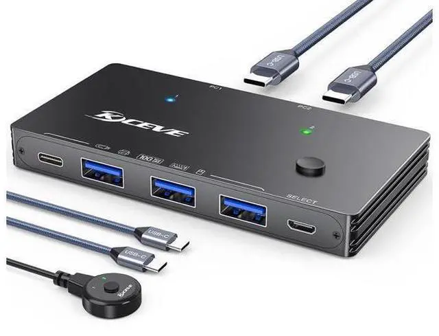 Main image of AUTYUE 10Gbps USB 3.2 Switch 2 Computers Share 1 USB C & 3 USB A Devices, 2 in 4 Out USB Switch Selector for 2 Laptop Keyboard Mouse Portable SSD, with 2 USB C Data Cables and Wired Remote