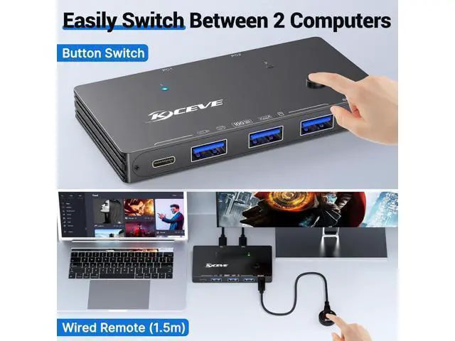 Alt view image 4 of 7 - AUTYUE 10Gbps USB 3.2 Switch 2 Computers Share 1 USB C & 3 USB A Devices, 2 in 4 Out USB Switch Selector for 2 Laptop Keyboard Mouse Portable SSD, with 2 USB C Data Cables and Wired Remote
