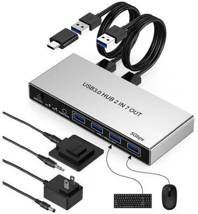 Main image of AUTYUE 2 in 7 Out USB 3.0 Switch for 2 Computers Sharing 4 USB-A & 3 USB-C Devices - 7 Ports USB Switcher Selector to Share Keyboard, Mouse, Printer, Scanner, with 2 USB 3.0 Cables & Wired Controller
