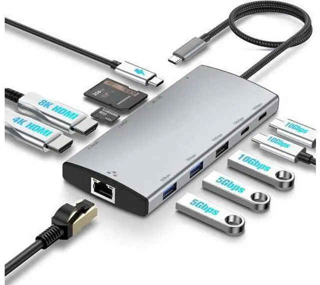 Main image of AUTYUE USB C Docking Station Dual Monitor, 11-in-1 USB C Hub Multiport Type C Adapter with 2 HDMI 4K/8K, 3 USB 3.2 Ports 10Gbps(2C+1A), 2 USB 3.0 Ports, 100W PD, Gigabit Ethernet, SD/TF Card Reader