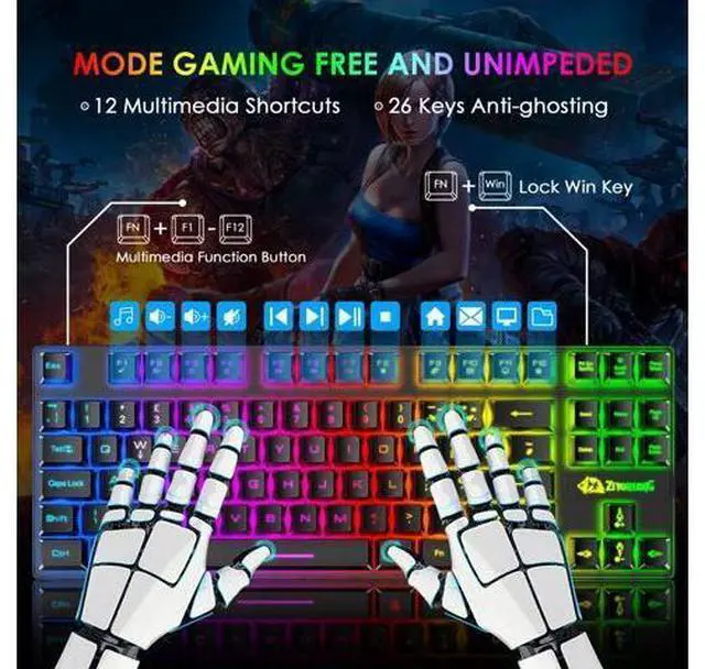 Alt view image 3 of 7 - Gaming Keyboard and Mouse Combo,88 Keys Compact Rainbow Backlit Mechanical Feel Keyboard, RGB Backlit 6400 DPI Lightweight Gaming Mouse with Honeycomb Shell for Windows PC Gamers (Black)