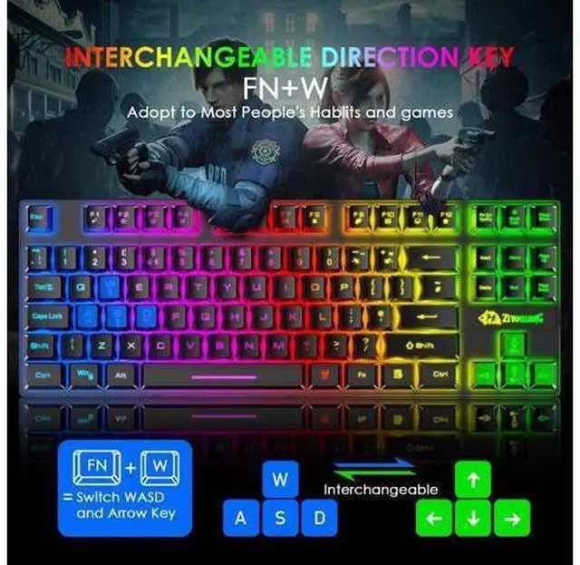 Alt view image 4 of 7 - Gaming Keyboard and Mouse Combo,88 Keys Compact Rainbow Backlit Mechanical Feel Keyboard, RGB Backlit 6400 DPI Lightweight Gaming Mouse with Honeycomb Shell for Windows PC Gamers (Black)
