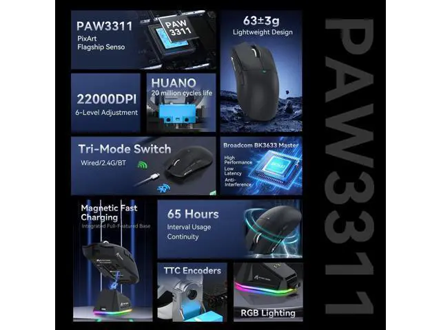 Alt view image 3 of 7 - Hitoor Ultra-Light Triple Mode (Wired, 2.4GHz Wireless & Bluetooth) Gaming Mouse, PAW3311 Optical Sensor, up to 22K DPI 5 programmable Buttons, Magnetic Charging Dock, Gaming Mice for Laptops, PC/Mac