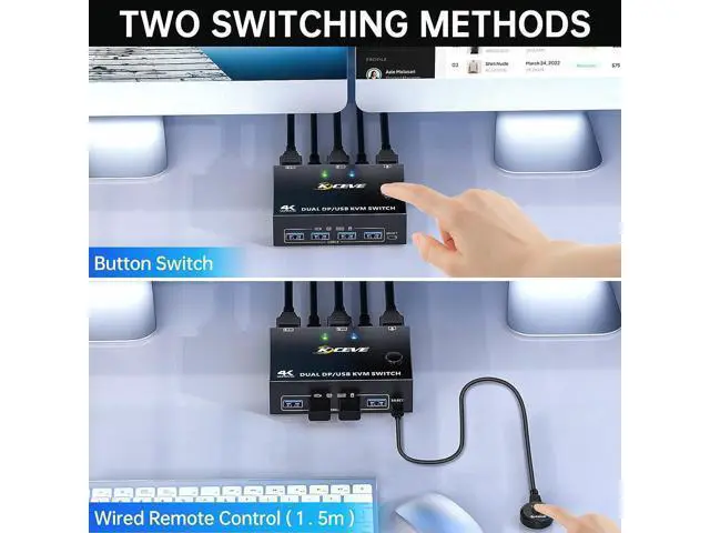 Alt view image 6 of 7 - IHDAPP Displayport KVM Switch 2 Monitors 2 Computers 8K@30Hz 4K@144Hz, Dual Monitor DP KVM Switch 2 in 2 Out for 2 Computers Share 2 Monitors and 4 USB 3.0 Device,Wired Remote and 4 Cables Included