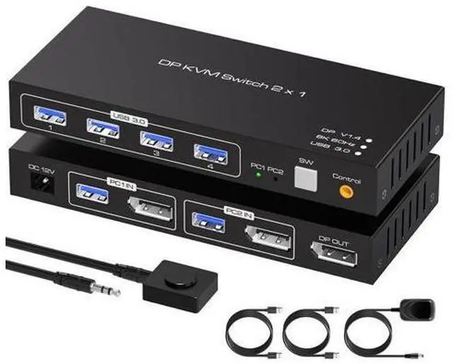 Main image of 2 Ports Displayport KVM Switch 2 Computers 1 Monitor, USB 3.0 DP1.4 KVM Switcher 2 in 1 Out for 2 computers share 4 USB 3.0 Devices Support 8k@60hz 4k@120hz, with desktop controller and power adapter