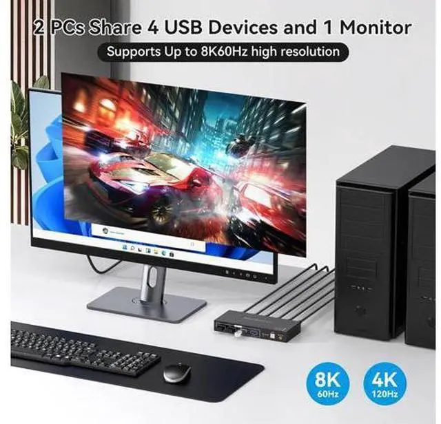 Alt view image 3 of 7 - 2 Ports Displayport KVM Switch 2 Computers 1 Monitor, USB 3.0 DP1.4 KVM Switcher 2 in 1 Out for 2 computers share 4 USB 3.0 Devices Support 8k@60hz 4k@120hz, with desktop controller and power adapter