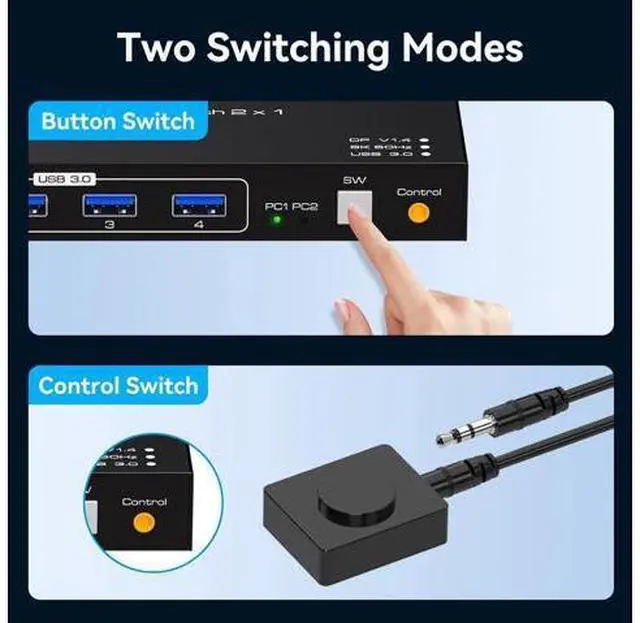Alt view image 5 of 7 - 2 Ports Displayport KVM Switch 2 Computers 1 Monitor, USB 3.0 DP1.4 KVM Switcher 2 in 1 Out for 2 computers share 4 USB 3.0 Devices Support 8k@60hz 4k@120hz, with desktop controller and power adapter