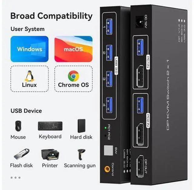 Alt view image 6 of 7 - 2 Ports Displayport KVM Switch 2 Computers 1 Monitor, USB 3.0 DP1.4 KVM Switcher 2 in 1 Out for 2 computers share 4 USB 3.0 Devices Support 8k@60hz 4k@120hz, with desktop controller and power adapter