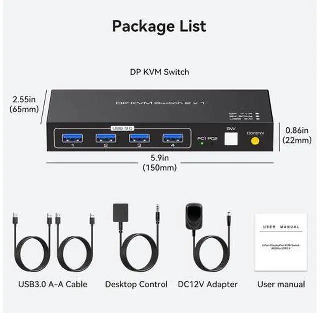 Alt view image 7 of 7 - 2 Ports Displayport KVM Switch 2 Computers 1 Monitor, USB 3.0 DP1.4 KVM Switcher 2 in 1 Out for 2 computers share 4 USB 3.0 Devices Support 8k@60hz 4k@120hz, with desktop controller and power adapter