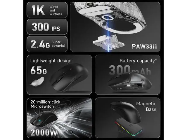 Alt view image 3 of 7 - AUTYUE AJ200P Wireless Gaming Mouse, Tri-Mode Bluetooth/2.4G/Wired PC Mouse with Magnetic Charging Dock, 65g Ultra-Lightweight Ergonomic Rechargeable Smart Mouse for Pro Gamer, 24000 DPI, PC/Mac