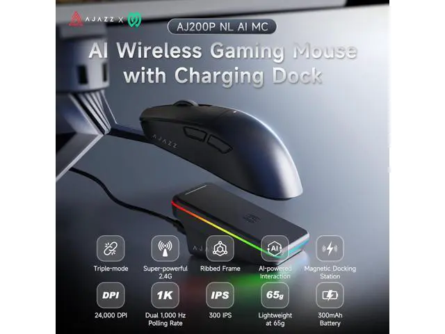 Alt view image 2 of 7 - AUTYUE AJ200P Wireless Gaming Mouse, Tri-Mode Bluetooth/2.4G/Wired PC Mouse with Magnetic Charging Dock, 65g Ultra-Lightweight Ergonomic Rechargeable Smart Mouse for Pro Gamer, 24000 DPI, PC/Mac